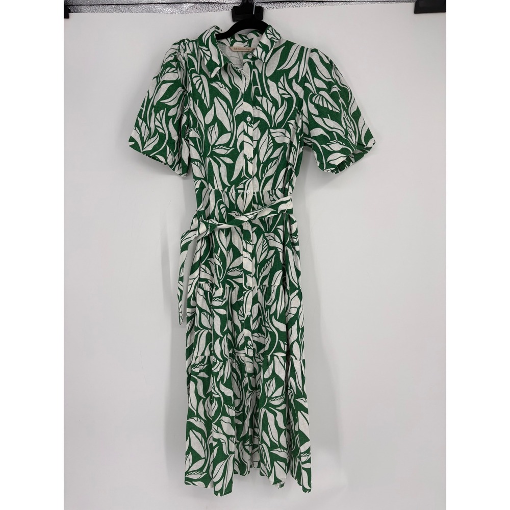 Soft Surroundings Dress Womens PS Green White Leaf Print Linen Blend Shirt Dress